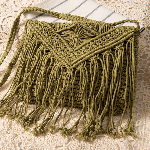 Simple Tassel Crossbody Straw Bag Retro One Shoulder Cotton Thread Woven Bag Summer Beach Bag