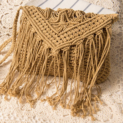 Simple Tassel Crossbody Straw Bag Retro One Shoulder Cotton Thread Woven Bag Summer Beach Bag