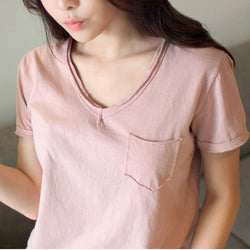 Short-sleeved V-neck Loose Pure Cotton Solid Color