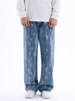 Cross Print Loose Straight Jeans For Men And Women