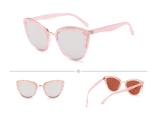 Vrouwelijke zonnebril, kattenogen, oogverblindende kleur, gouden plastic gemengde zonnebril