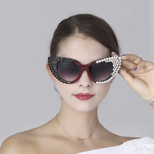 Color Pearl Rhinestone Cat Eye Female Personality Diamond Glasses Sunglasses