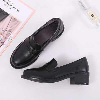 Small Leather Shoes Female British Style Thick Heel Black Retro Japanese Loafers Mid-heel Shoes
