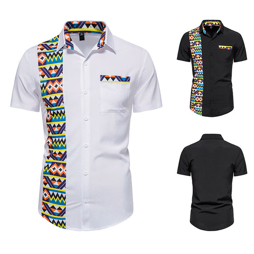 Men's African Print Stitching Design Short Sleeve Button Shirt - SIMWILLZ 
