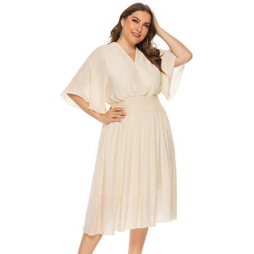 Plus Size Summer  Women Clothing Solid Color V-neck Waist-Controlled Flying Sleeves Dress