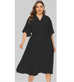 Plus Size Summer  Women Clothing Solid Color V-neck Waist-Controlled Flying Sleeves Dress