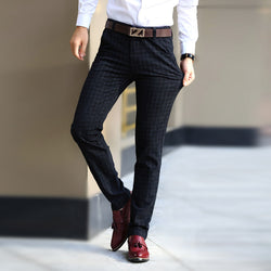 Plaid cotton and linen straight trousers for men