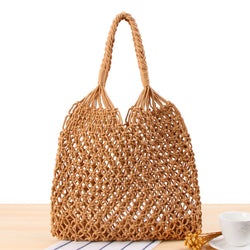 Pure Color One Shoulder Woven Bag Trendy Women Mori Style Straw Bag Degrees Handmade Cotton String Net Pocket Beach Bag