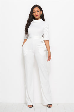 Women Sexy Solid Color Half Sleeve Stand Collar One-Piece Wide-Leg Pants