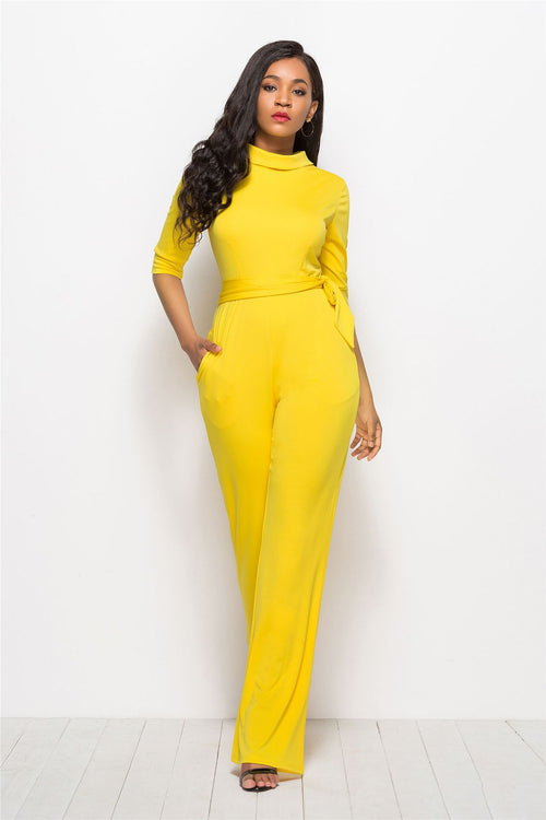 Women Sexy Solid Color Half Sleeve Stand Collar One-Piece Wide-Leg Pants