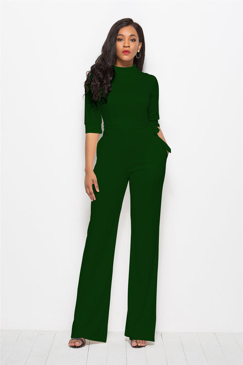 Women Sexy Solid Color Half Sleeve Stand Collar One-Piece Wide-Leg Pants