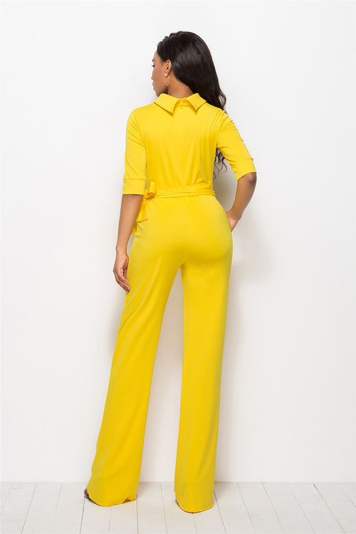 Women Sexy Solid Color Half Sleeve Stand Collar One-Piece Wide-Leg Pants