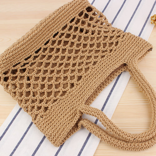 Pure Color Cotton Thread Hand Crocheting Woven Bag Trendy Women Mori Style Portable Vacation Beach Straw Bag