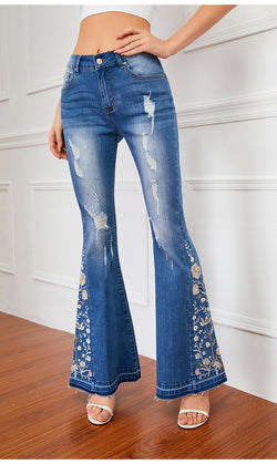 Casual Flared Jeans Dames Zware Industrie 3D Borduren Dames Jeans Broek Bell-Bottom Broek