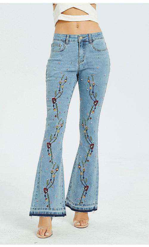 Dames jeans met wijde pijpen, geborduurde uitlopende jeans, damesbroeken