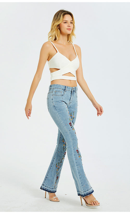 Women  Wide-Leg Jeans Embroidered Flared Jeans Women Pants