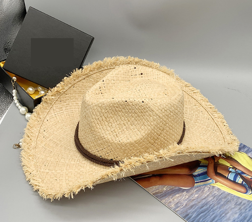 Fashionable Frayed Hem Wide Brim Cowboy Hat Raffia Straw Flanging Hat Seaside Sun Proof Solid Color Straw Hat