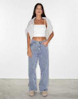 Women Clothing High Waist Loose Straight-Leg Denim Trousers Washed Stone-Washed Indigo Pull down Accumulation Street Wide-Leg Jeans