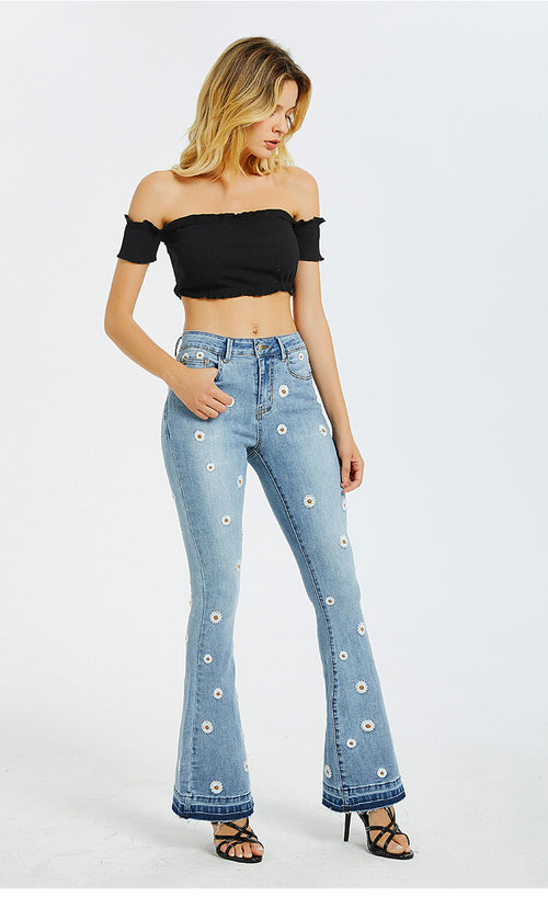 Women Wide-Leg Jeans Embroidered Horn Daisy Jeans Women Wide-Leg Jeans