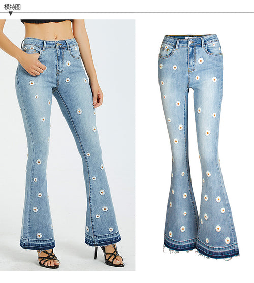 Women Wide-Leg Jeans Embroidered Horn Daisy Jeans Women Wide-Leg Jeans