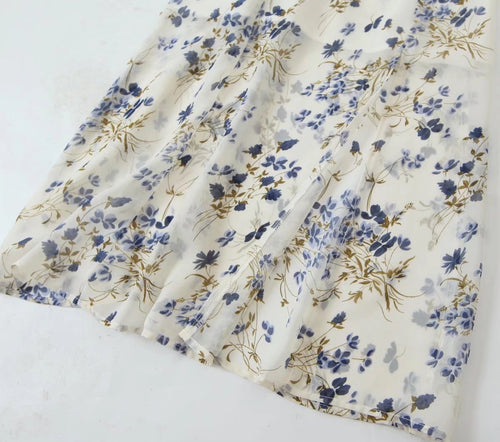 Franse zomer damesjurk met bloemenprint, hoge taille, afslankende middellange lengte