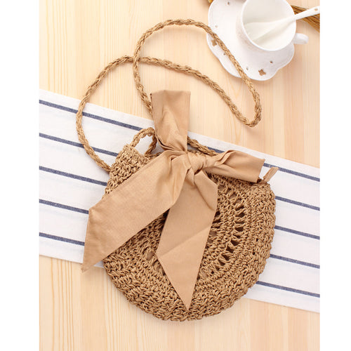 Cute Bowknot Crossbody Woven Bag Handmade Crochet round Straw Bag Women Bag Beach Bag