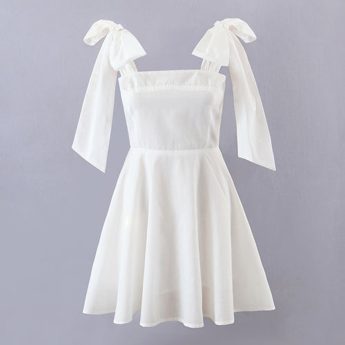 Spring Women Shoulder Bow Pure White Holiday Waist Dress