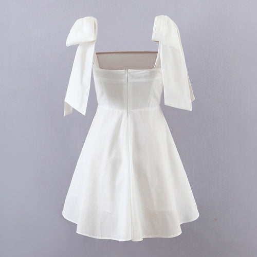 Spring Women Shoulder Bow Pure White Holiday Waist Dress