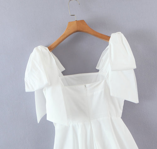 Spring Women Shoulder Bow Pure White Holiday Waist Dress