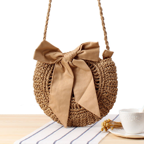 Cute Bowknot Crossbody Woven Bag Handmade Crochet round Straw Bag Women Bag Beach Bag