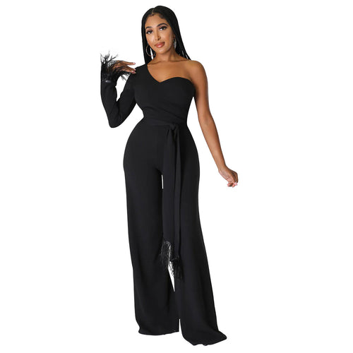 Autumn Winter Women Clothing Sexy Wide Leg Pants Shoulder Tassel Jumpsuit