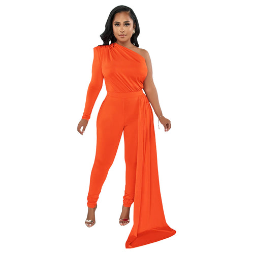 Women Wear Solid Color Shoulder Cloak One Shoulder Long Sleeve Trousers Jumpsuit