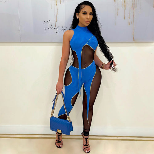 Women Clothing Night Club Mesh Stitching Hollow Out Cutout out See through Sexy Tight Jumpsuit