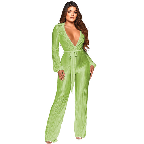 Autumn Winter Low Cut Sexy Lapel Long Sleeve Draping Pleated Jumpsuit