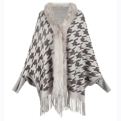 Tassel Cloak Autumn Winter Contrast Color Houndstooth Fur Collar Inverness Women