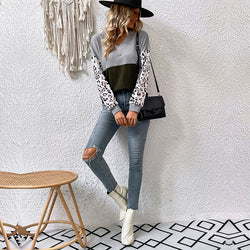 Leisure Tops Long Sleeve V neck Leopard Print Contrast Color Knitwear