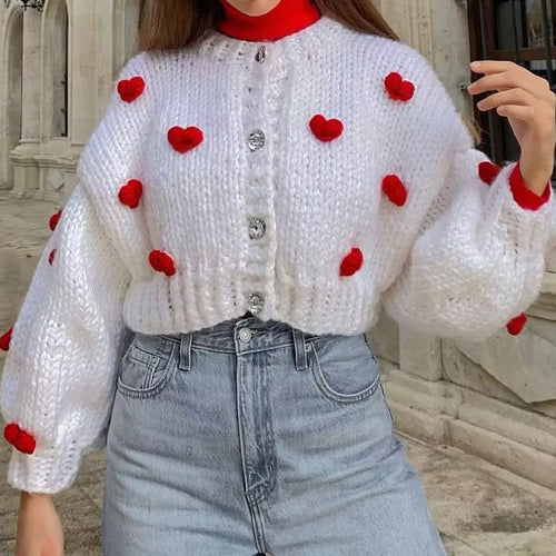 Style Autumn Handmade Three Dimensional Small Love Sweater Single Breasted Short Cardigan