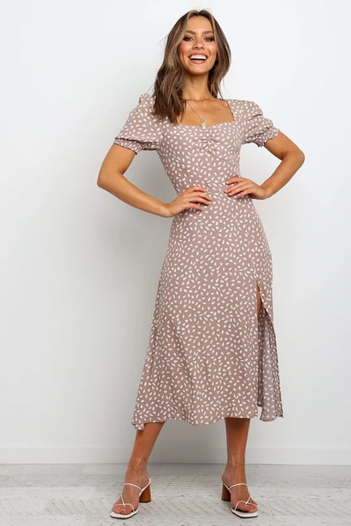 Maxi Dress Square Collar Short Sleeve Polka Dot Floral Print Slit Dress