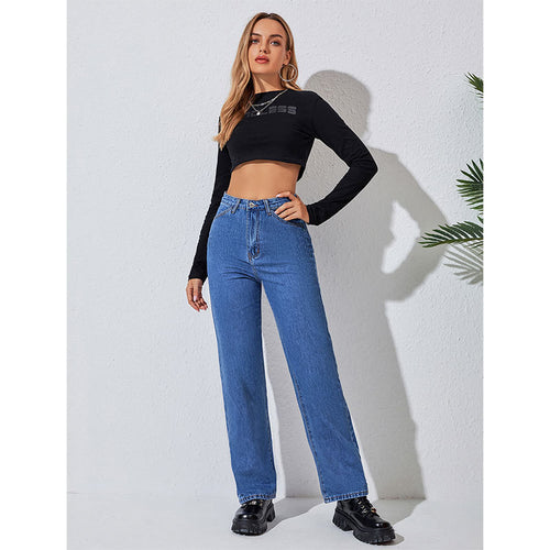 Gewassen denim Dames Casual jeans Losse denimbroek met hoge taille