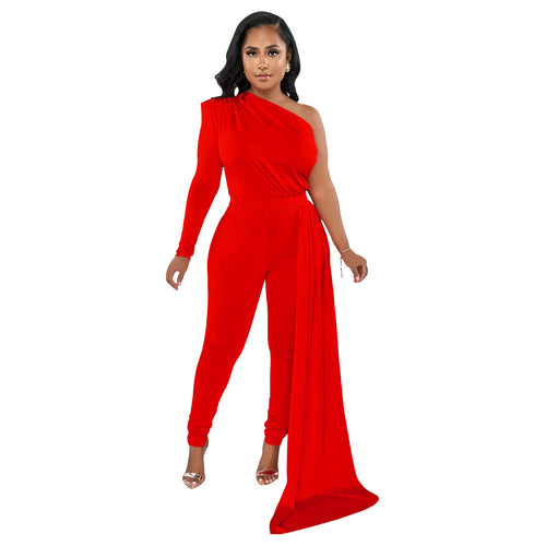 Women Wear Solid Color Shoulder Cloak One Shoulder Long Sleeve Trousers Jumpsuit