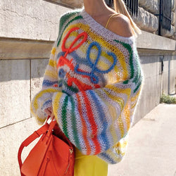 Women  Clothes Fall Rainbow Contrast Striped Sweater Women  Loose Pullover Sweater