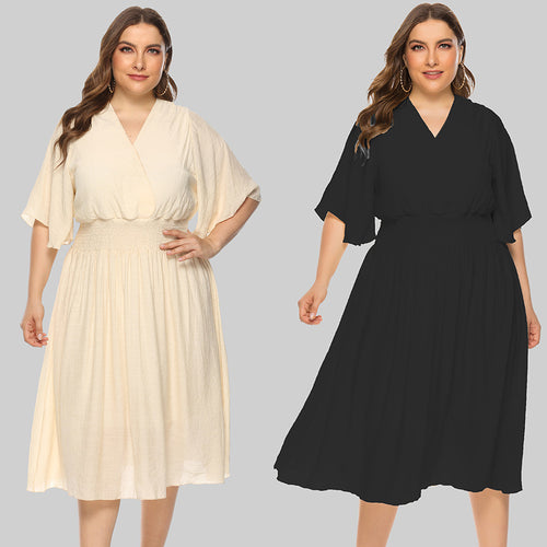 Plus Size Summer  Women Clothing Solid Color V-neck Waist-Controlled Flying Sleeves Dress