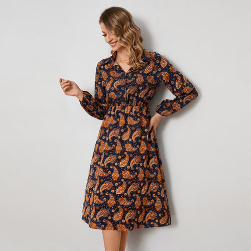 Printing A Line Long Sleeve Floral Shirt Dress