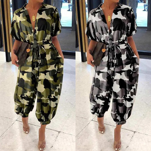 Summer Camouflage Short Sleeve Lapel High Waist Casual Loose Jumpsuit Female