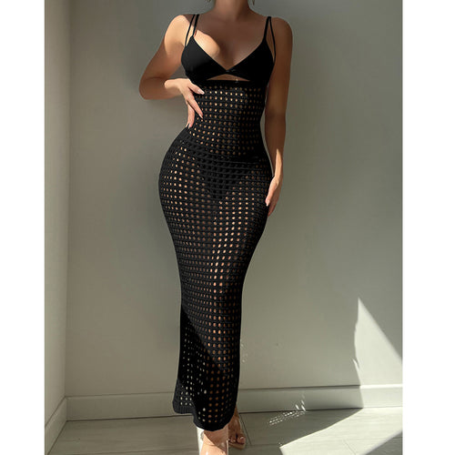 Women  Knitted Camisole Hollow Out Cutout Texture Sexy Slim High Waist Maxi Dress Beach Cover up Dress