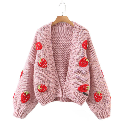 Autumn Two Color Handmade Three Dimensional Strawberry Sweater Contrast Color Cardigan