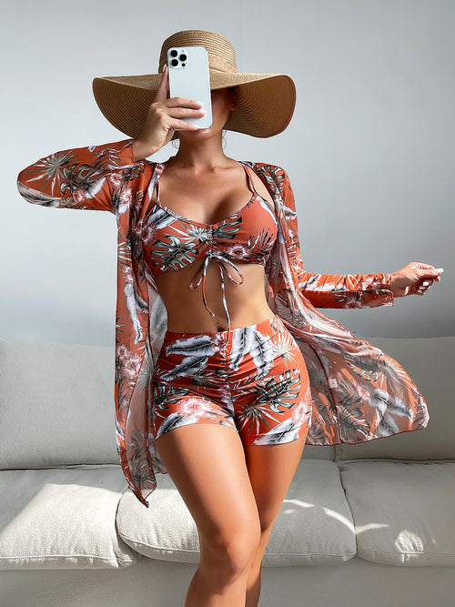 Swimsuit Women Split Three Piece Suit High Waist Long Sleeves Blouse Internet Celebrity Drawstring Suit