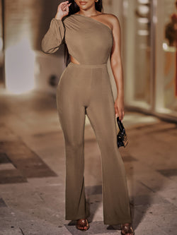 Autumn Winter Women Clothing Solid Color Long Collarless Shoulder Women Jumpsuit