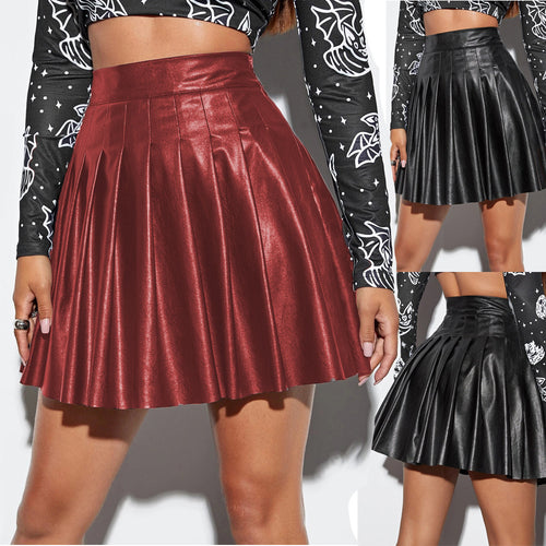 Pleated Skirt Women Sexy Skirt Faux Leather Skirt Night Club