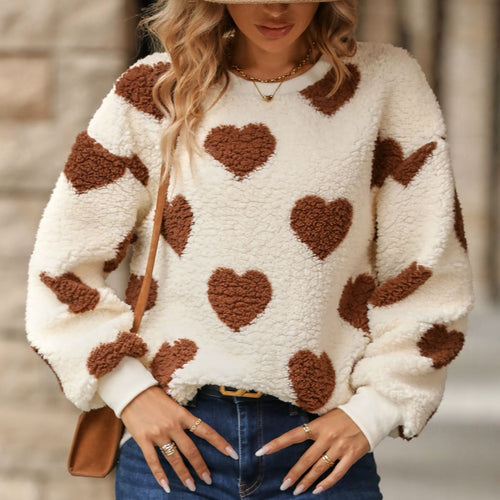 Women Clothing Autumn Winter Plush Loving Heart Printed Loose Long Sleeves Crew Neck Pullover Sweatshirt